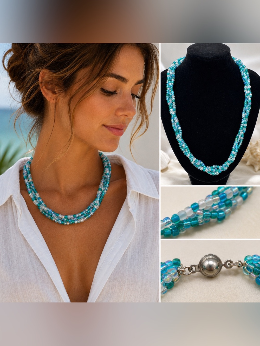 Blue‎ Green Seed Bead Multi Strand Necklace Iridescent Glass Beaded Coastal Boho